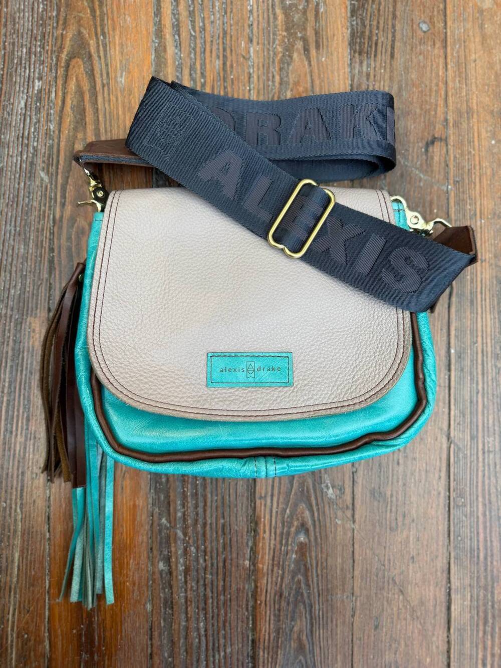 NEW ALEXIS DRAKE women's mini esther crossbody bag in stone grey and cactus
